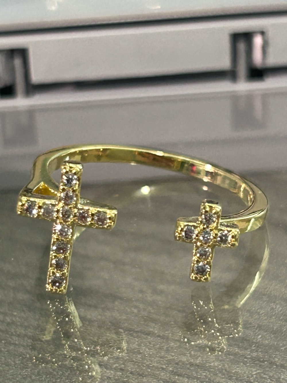Double Cross Adjustable Ring|18K Gold Filled|AAA CZ|Open Band|Faith Jewelry|NWOT